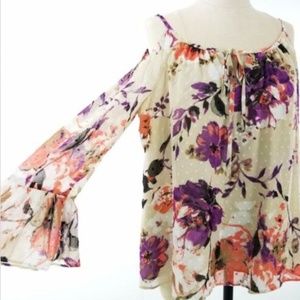 INC Cold Shoulder Floral Blouse Bell Sleeve
